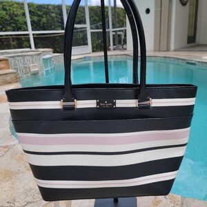 Kate Spade Black, White And Blush Pink Vinyl Striped Tote With Leather Trim